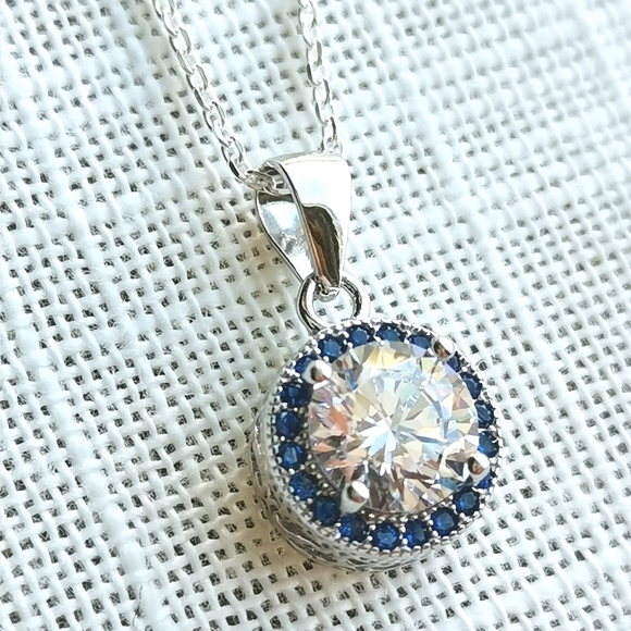 Sterling Silver CZ sapphire gemstone pendant necklace NEW - Picture 1 of 4